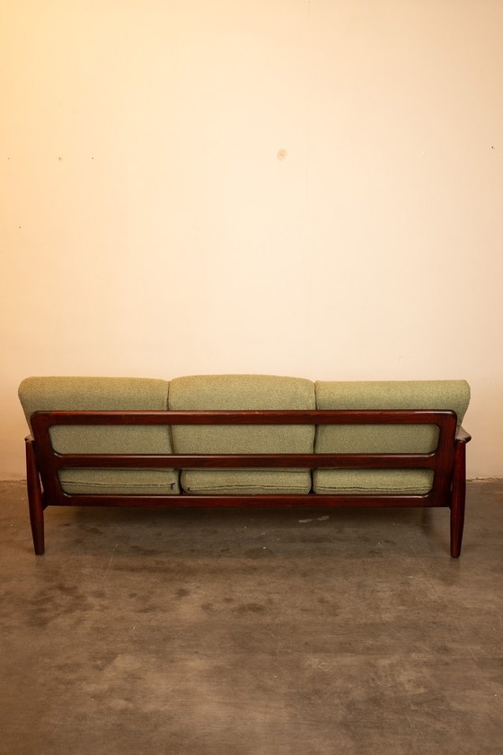 Image 1 of Vintage Deense teakhouten 3-zitsbank met nieuwe mosgroene bouclé bekleding