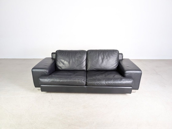 Image 1 of Originele vintage Roche Bobois leren tweezitsbank in zwart.