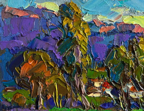 Image 1 of Original Oil Painting Summer Village Landscape Morning ringing of church bells
