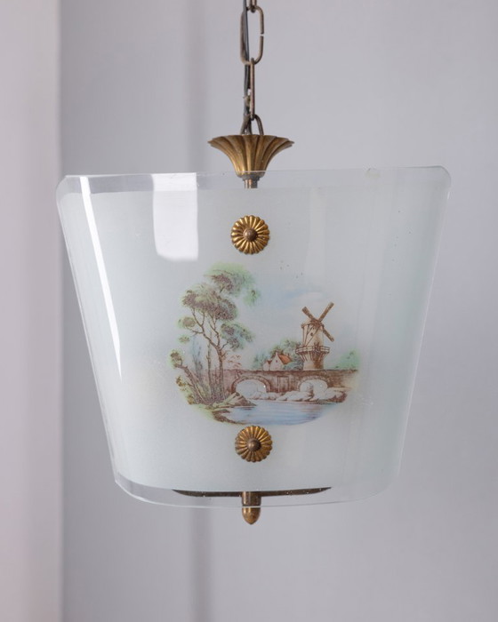 Image 1 of LAMPADARIO VINTAGE ANNI '50 IN VETRO DECORATO, DESIGN ITALIANO