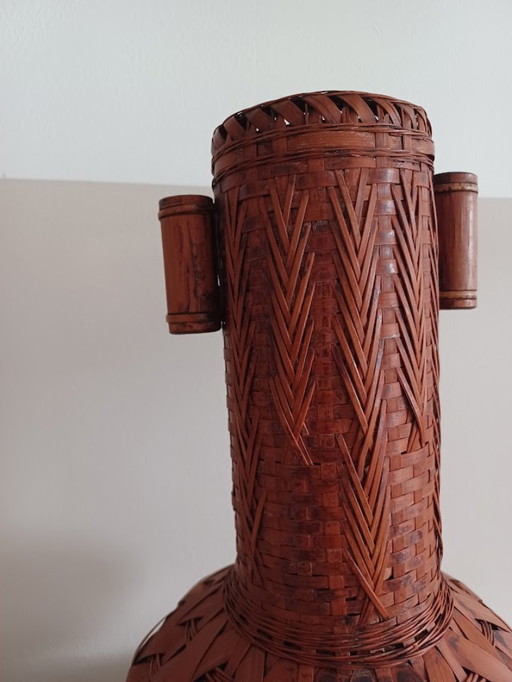 Ikebana hanakago - vase japonais vintage en bambou. Tissé à la main. Artisanat. Mid Century.