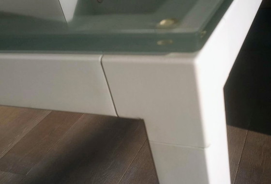 Image 1 of Designer table with white base, frosted glass tabletop; 180x99.50x74cm, detachable