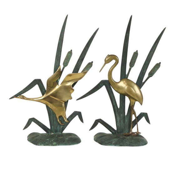 Statuette di metà secolo raffiguranti un airone e un'anatra, in ottone e metallo verde, 35 cm. – Sculture (photo 7 of 13)