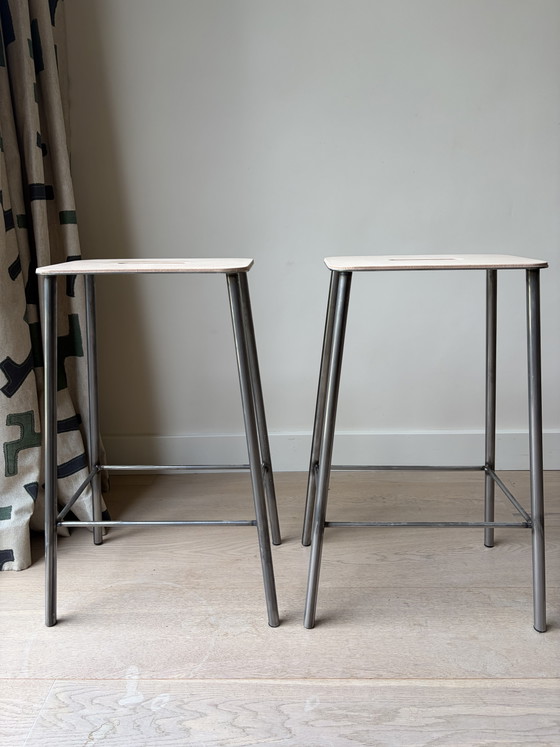 Image 1 of Frama ADAM stool | raw steel | natural leather | H65 | bar kruk