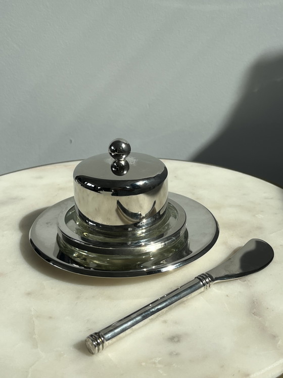Vintage Hollywood Regency Verzilverde Botervloot Met Mesje – Lion Silver, Tafelaccessoires, Glass, Silver (photo 4 of 6)