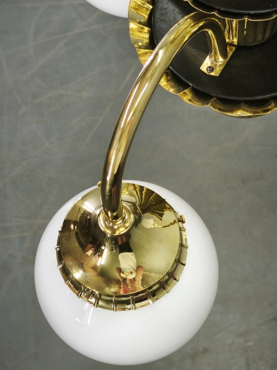 1930s Czechoslovak Art Deco Brass And Opaline Glass Chandelier (photo 5 of 14)
