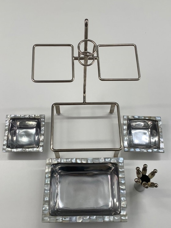 Image 1 of Art Deco Style Silver-Plated and Mother-of-Pearl Tiered Hors d'Oeuvres Serving Caddy with Matching Cocktail Picks