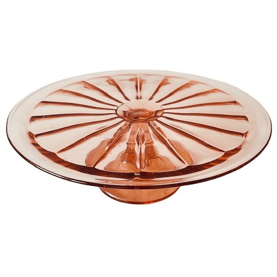 Image 1 of Soporte para tartas Art Déco de cristal rosa Verrerie de Scailmont, años 30