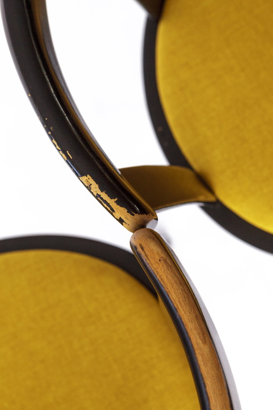 Image 1 of Paar Vintage draaistoelen - jaren 1970 Duits ontwerp - zwart gelakt beuken & chroom - gele bekleding - gerestaureerd Mid Century