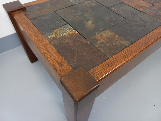 Image 1 of Table Basse Vintage Brutaliste en Chêne et Ardoise des Années 60-70