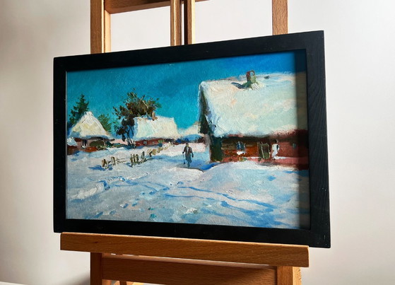 Image 1 of Dipinto ad olio originale Paesaggio di un villaggio innevato Spalare la neve dal cortile