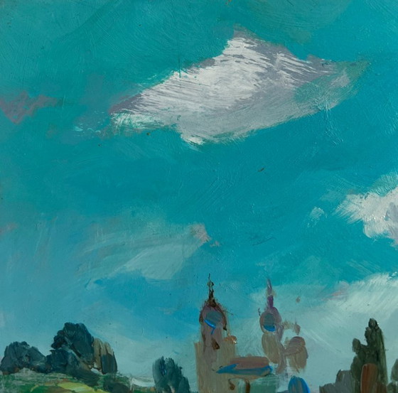Image 1 of Origineel olieverfschilderij: Zomerkustlandschap, rustig vissen.
