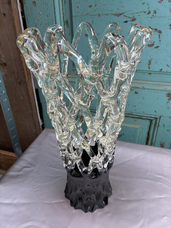 Image 1 of Lattice Web Art Glass Vase with Lime Design Murano Style