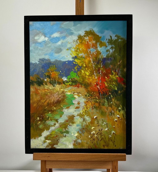 Pintura al óleo original Paisaje de bosque otoñal Escalones en un prado otoñal