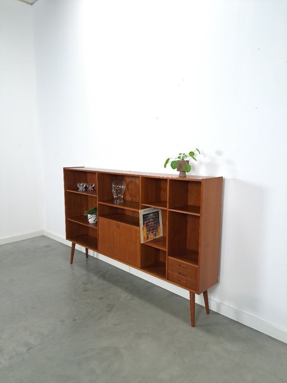 Image 1 of Danish teak wide LP cabinet with shelves, drawers and bar with mirror
