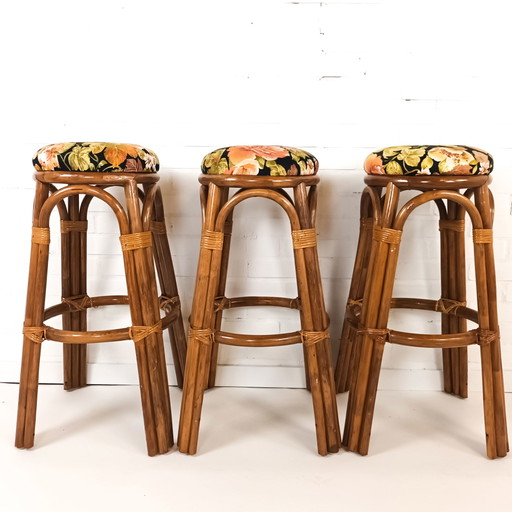 3x Vintage Tiki Rattan Barhocker