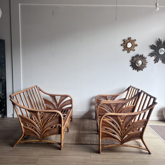 Image 1 of Lounge-Set mit Palmenblattmotiv, Sofa, 2 Sesseln und Tisch, Mid-Century-Stil