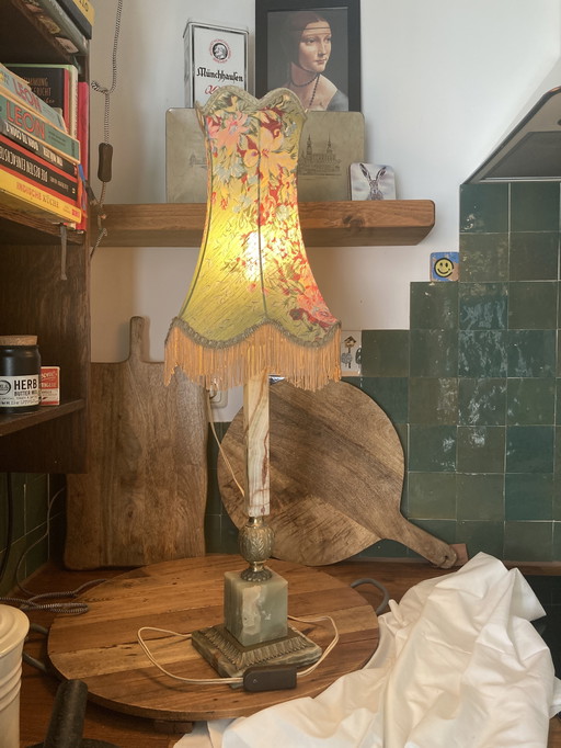 Schöne Vintage Tischlampe, Sammlerstück-grüner Onyx Marmor/Messing Fuß, schöner originele Schirm