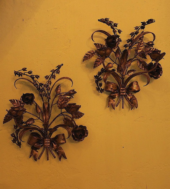 Image 1 of Pair of Gold Plated Wall Double Candleholders with Roses by Hans Kögl, 1960s