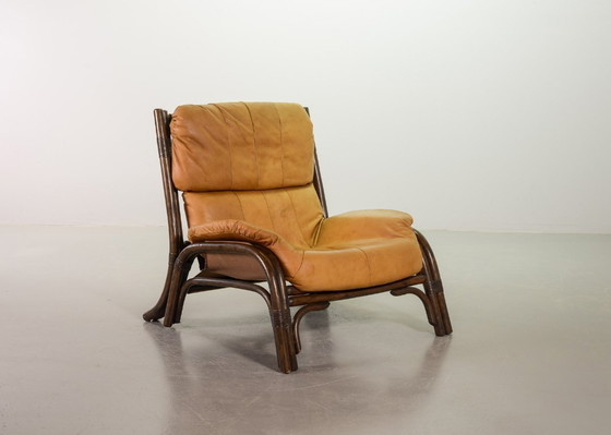 Image 1 of Poltrona lounge in bambù curvato, design brutalista di metà secolo, con rivestimento in pelle color caramello, anni '60.