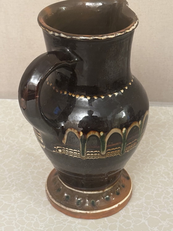 Image 1 of Vintage glazed pottery pitcher from Romania H 27 cm