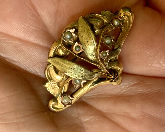 Broche Art Nouveau vers 1900 – Or « Titre Unique » – décor végétal aux perles fines – AF, Cadeaux, Metal (photo 5 of 14)
