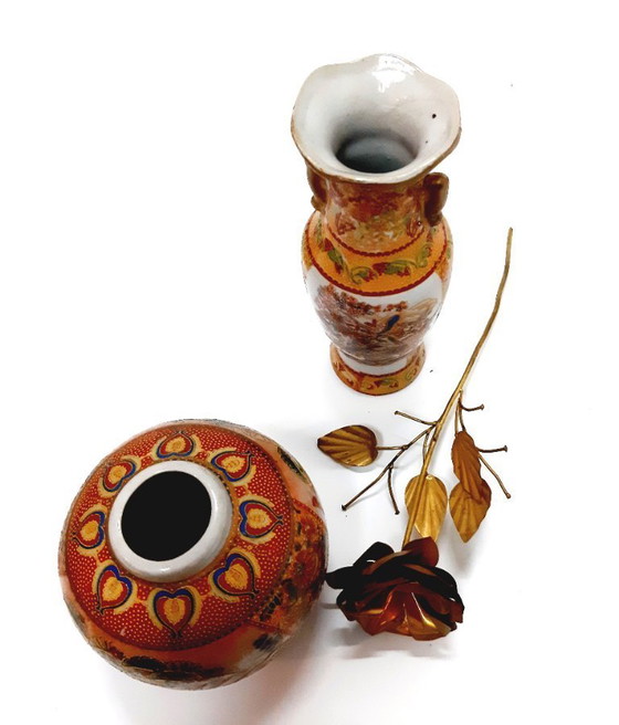 Image 1 of Two Vintage Chinese porcelain vases and brass rose