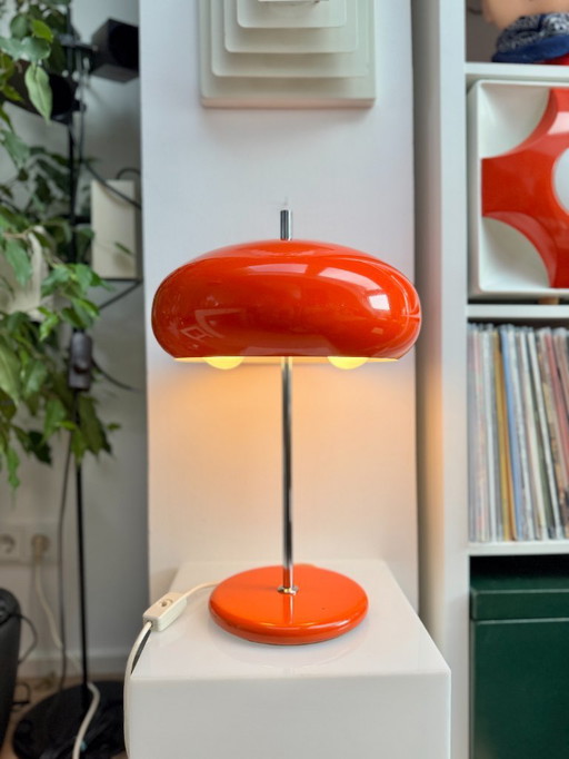 DGBM by Graewe Mushroom Table Lamp – Mid Century Modern Red Orange Metal Desk Light, German 1970s