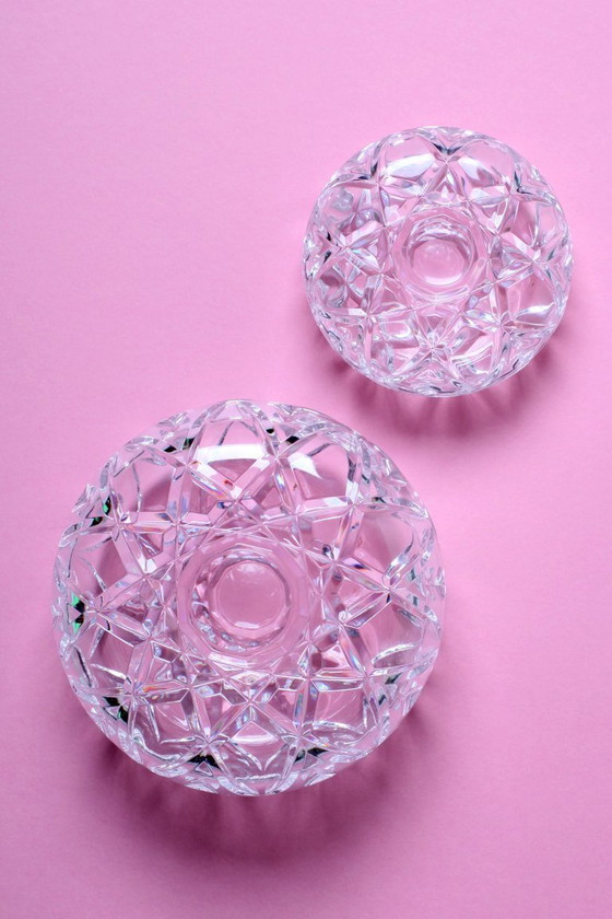 Image 1 of Set van 2 vintage kristallen glazen doosjes: handgemaakt met geometrisch motief, RCR Italië jaren 70