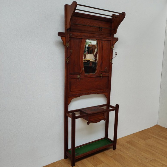 Image 1 of Porte-manteau ancien, porte-manteau sur pied avec miroir, mobilier d'entrée