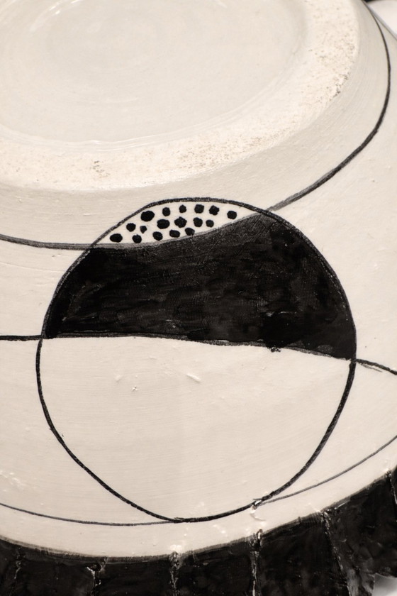 Image 1 of Caltagirone Ceramic Centerpiece, Sicilian Pottery Black & White Geometric Bowl, Hand-Painted Modernist Art, Handmade in Italy