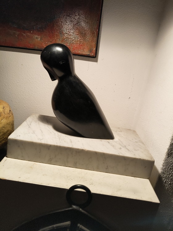 Image 1 of Vintage design modernist black marble sculpture of a stylized abstract bird on a white marble base