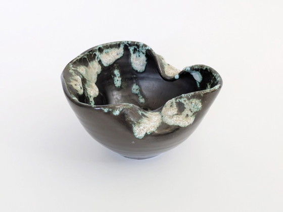 Image 1 of Bol vintage de style Vallauris, poterie de lave grasse du milieu du siècle, anthracite et vert mousse