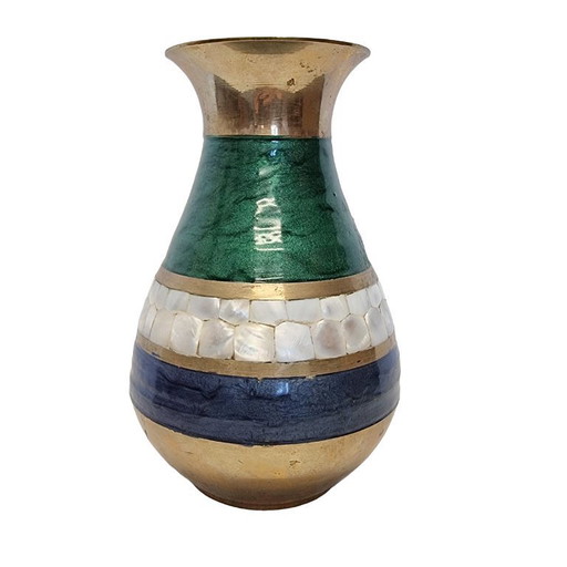 Vintage messing vaas | India met parelmoer en emaille