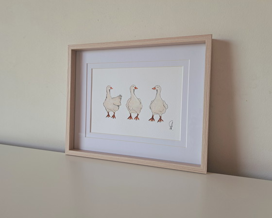 Image 1 of Watercolor painting Three Geese, original including frame