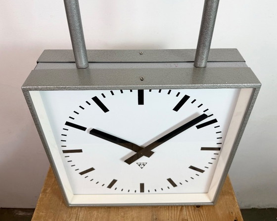 Image 1 of Large Square Industrial Double-Sided Factory Clock from Pragotron, 1960s