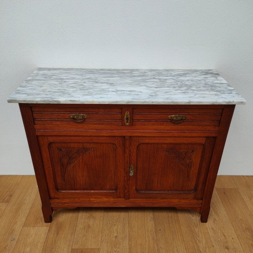 Vintage dresser, sideboard, chest of drawers bathroom vanity with white marble top.