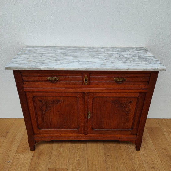 Image 1 of Vintage dresser, sideboard, chest of drawers bathroom vanity with white marble top.