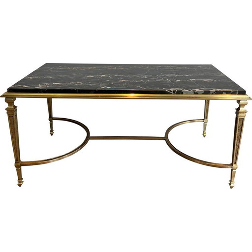Mesa de centro vintage de bronce con tapa de mármol negro Portor, 1940