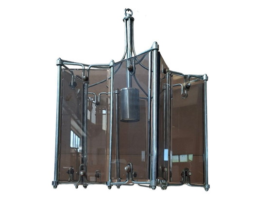 Image 1 of Gorgeous 1980s Vintage Chandelier – Leaf Design in Metal and Brown Glass