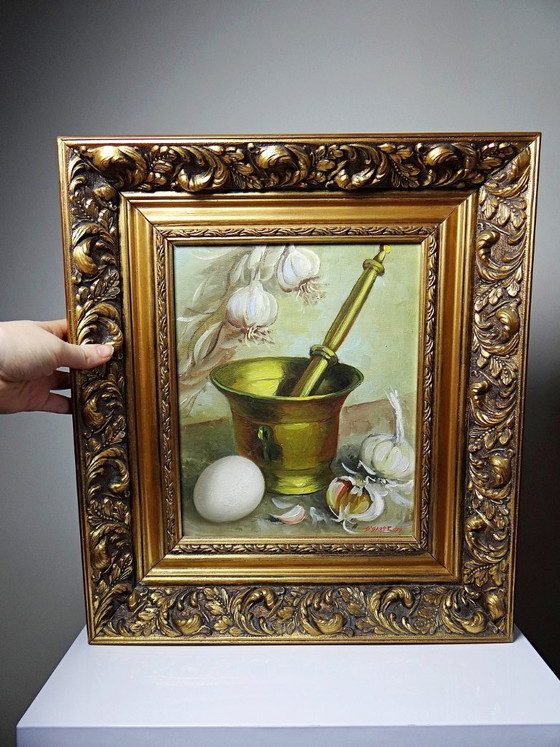 Image 1 of Still life with garlic, egg and mortar, signed Sarpe, 1979, oil on canvas