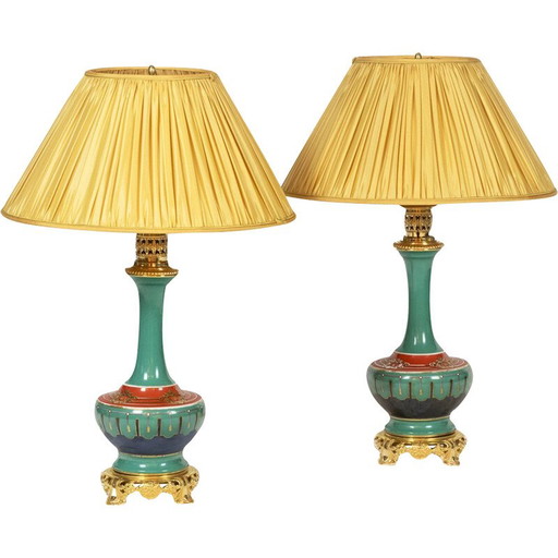 Par de lámparas vintage en porcelana de París y bronce, Francia 1850