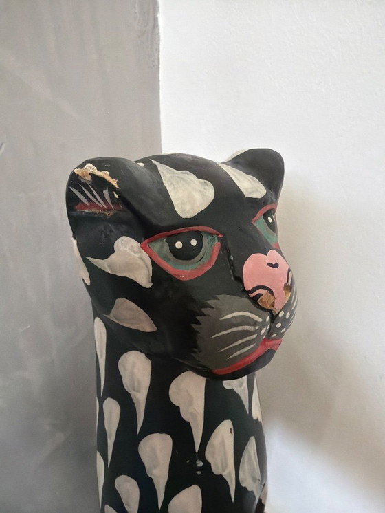 Image 1 of Vintage houten kat zwart wit 31cm hoog