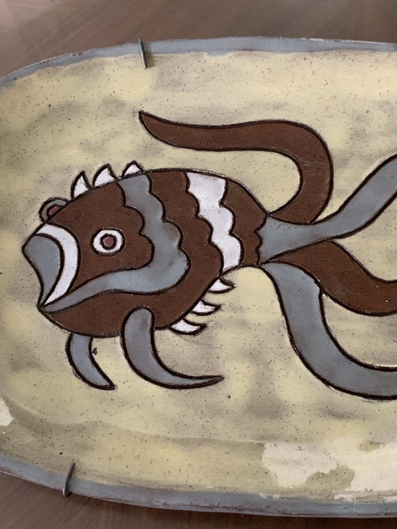 Large stoneware wall plate – champlevé fish decor – 50s-60s (Vallauris / Derval / Agard style) erased (photo 3 of 15)