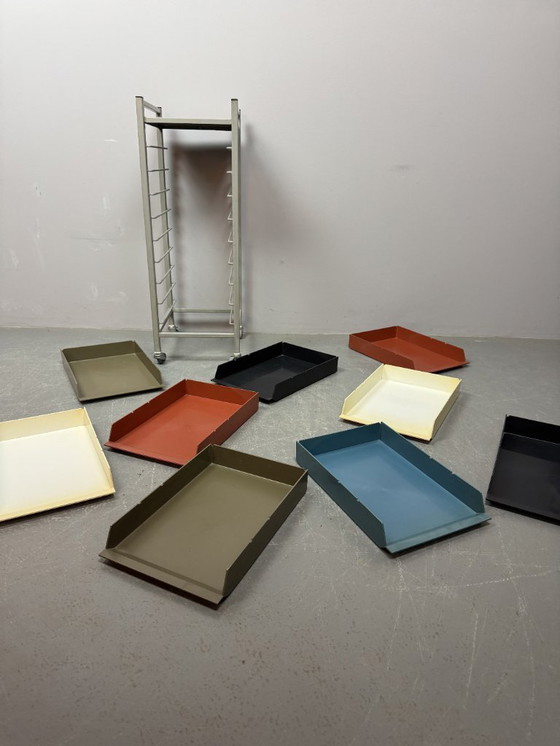 Image 1 of Mid-Century Industrial Gispen Modular Office Trolly with 9 Colorful Pull-Out Bins, The Netherlands 1960s-1970s.