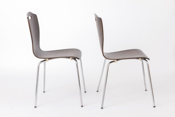 Een paar vintage multiplex eetkamerstoelen, Duits design uit de jaren 80, metalen poten, mid-century modern (photo 4 of 11)