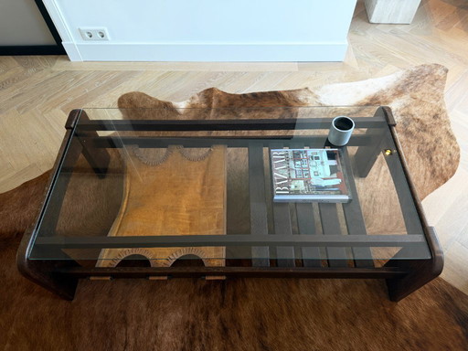Vintage Mid-Century glass coffee table – Wenge wood & leather