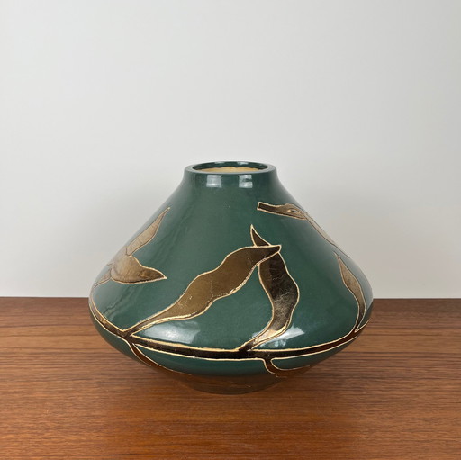 Vintage Green & Gold Glazed Ceramic Vase
