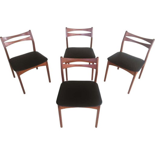 Satz von 4 vintage Teakholz Esszimmerstühlen neu gepolstert in schwarzem Kunstleder Dänisch 1960er