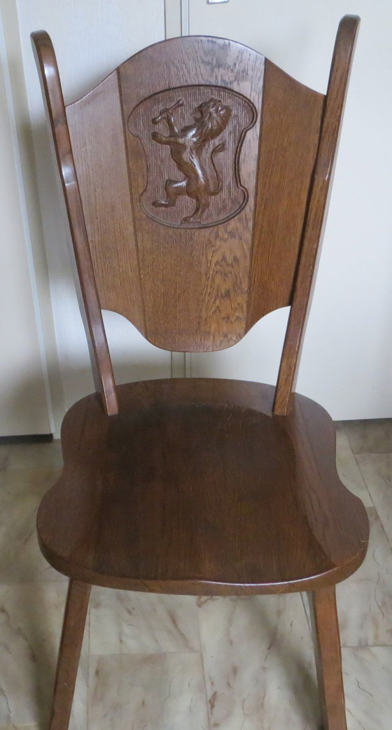 4 Vintage oak chairs with carved backrest in very good condition – Dining chairs, Wood (photo 8 of 8)